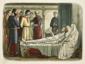 Richard begnadigt den Bogenschützen, der ihn erschoss, aus A Chronicle of England BC 55 to AD 1485, veröffentlicht in London, 1863
